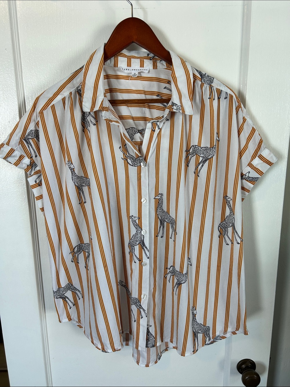 Lightweight White & Mustard Striped Short Sleeve Shirt with Giraffe Print